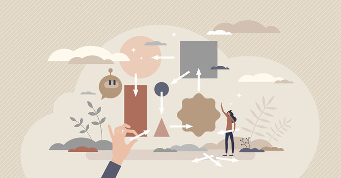 Algorithm And Work Flow With Process Structure Planning Tiny Person Concept. Find Solution With Work Organization And Complex Or Difficult Model Vector Illustration. Abstract Flowchart And Path Scheme