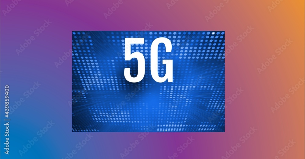Aufkleber 5g text over blue rows of dots against colorful gradient background
