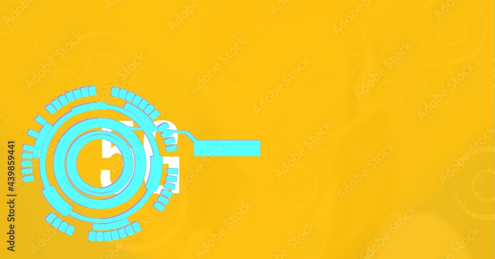 Poster digitally generated image of 5g text over round scanner against yellow background