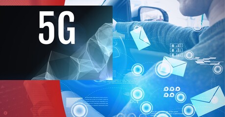 5g text and digital interface over man driving a car against red technology background