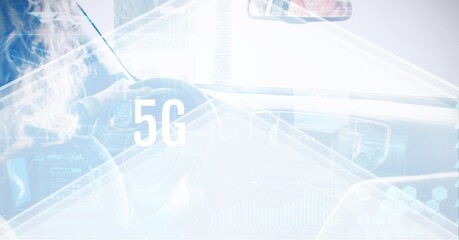 5g text over rear view of woman driving a car against white technology background