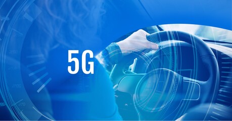 5g text and round scanner over mid section of man driving a car against blue technology background