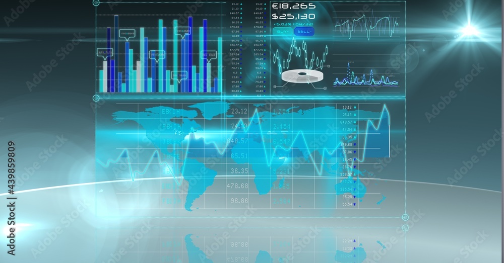 Poster digital interface with data processing over world map against spots of light on grey background
