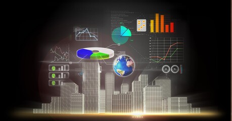 Digital interface with data processing over 3d cityscape model against black background