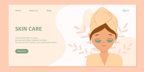 Home spa skin care. Landing page template or banner. Woman doing cosmetic spa treatments for her face. Eye patches and cream. Organic food. Vector illustration in flat cartoon style.