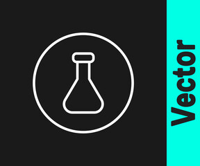 White line Test tube and flask chemical laboratory test icon isolated on black background. Laboratory glassware sign. Vector