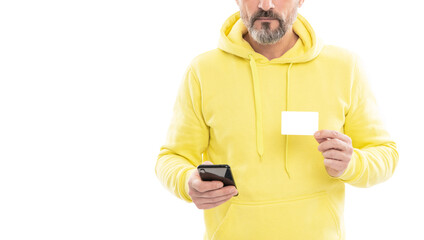 showing credit or debit business card. shopping online. copy space cropped man chatting online