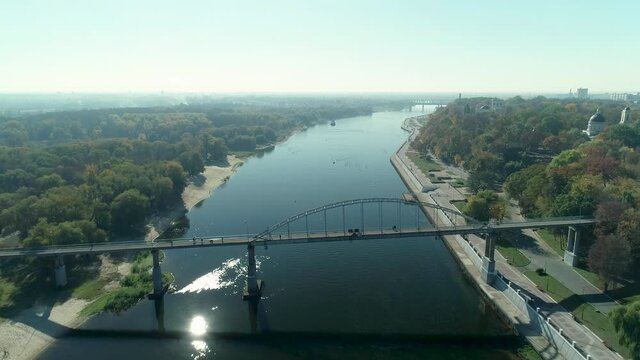 Aerial view of Sozh river along Gomel city embankment