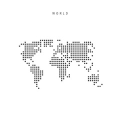 Square dots pattern map of the World. Globe dotted pixel map with flag. Vector illustration