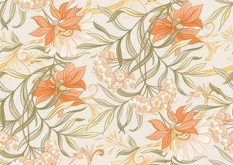 Seamless pattern, background with decorative flowers in art nouveau style, vintage, old, retro style. Vector illustration.