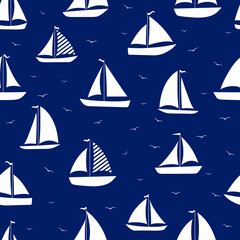 Yacht, sailboats with seagull seamless. Stock vector illustration.