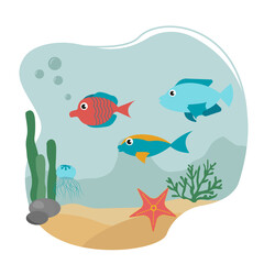 Fishes in ocean. Under water life, sea animals
