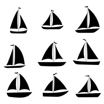 Yacht, sailboats set. Black silhouette isolated on white background. Stock vector illustration.