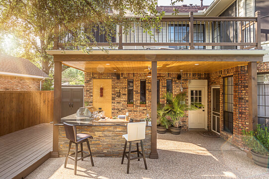 New And Modern Outdoor Kitchen On A Sunny Summer Evening, Dinner Preparation