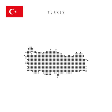 Square dots pattern map of Turkey. Turkish dotted pixel map with flag. Vector illustration