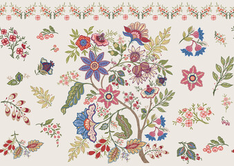 Fantasy flowers in retro, vintage, jacobean embroidery style. Seamless pattern, background. Vector illustration. On army green background. © Elen  Lane