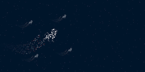 A lion symbol filled with dots flies through the stars leaving a trail behind. Four small symbols around. Empty space for text on the right. Vector illustration on dark blue background with stars