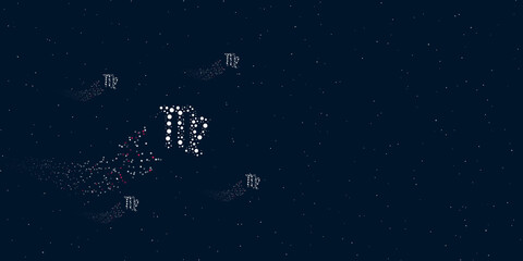 A zodiac virgo symbol filled with dots flies through the stars leaving a trail behind. There are four small symbols around. Vector illustration on dark blue background with stars