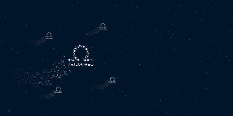 A zodiac libra symbol filled with dots flies through the stars leaving a trail behind. There are four small symbols around. Vector illustration on dark blue background with stars