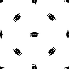 Seamless pattern of repeated black square academic cap symbols. Elements are evenly spaced and some are rotated. Vector illustration on white background