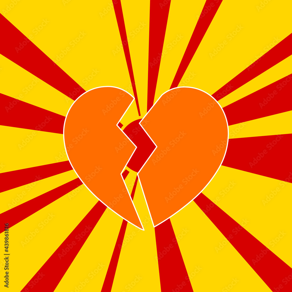 Poster broken heart symbol on a background of red flash explosion radial lines. the large orange symbol is 