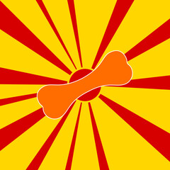 Dog bone symbol on a background of red flash explosion radial lines. The large orange symbol is located in the center of the sun, symbolizing the sunrise. Vector illustration on yellow background