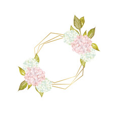Watercolor pink hydrangea frames, floral arrangement  