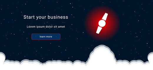 Business startup concept Landing page screen. The wristwatch symbol on the right is highlighted in bright red. Vector illustration on dark blue background with stars and curly clouds from below