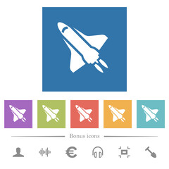 Space shuttle with propulsion flat white icons in square backgrounds