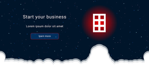 Business startup concept Landing page screen. The office building symbol on the right is highlighted in bright red. Vector illustration on dark blue background with stars and curly clouds from below
