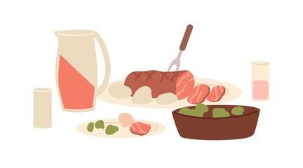 Served meal for dinner. Balanced food, festive meat dish and vegetables. Bowl of broccoli, plate with beef steak, glass of juice. Colored flat vector illustration isolated on white background