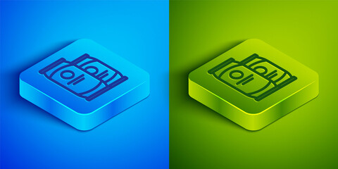 Isometric line Beer can icon isolated on blue and green background. Square button. Vector