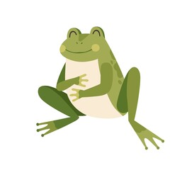 Cute happy frog sitting, holding paws on full tummy. Funny well-fed froglet. Childish colored flat vector illustration of smiling little toad isolated on white background