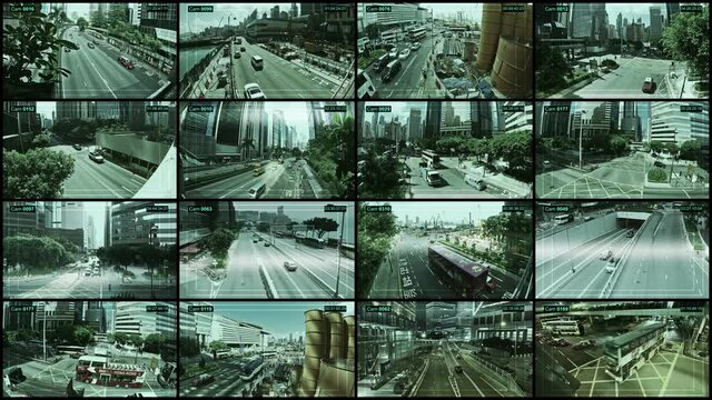 Cctv camera monitoring vehicle and highway roads in Hong Kong city.