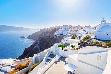 Greece Santorini island in Cyclades, panoramic seascape view from fira at a sunny summer day - 439862637