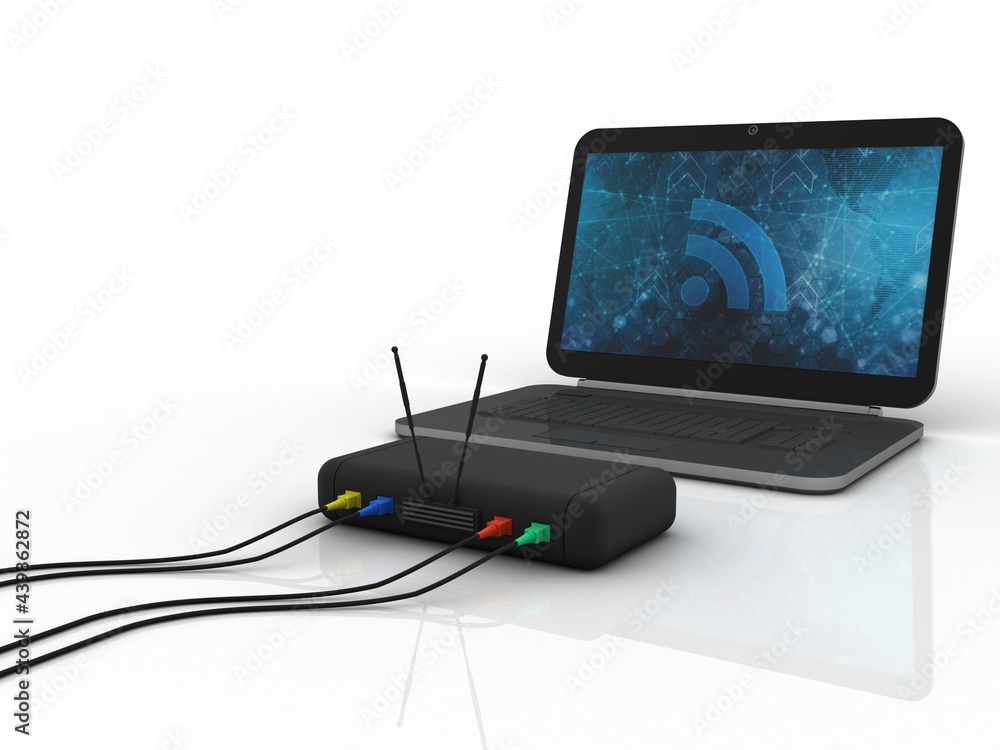 Poster 3d rendering Transmitter wifi modem with laptop