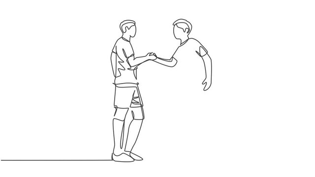 Animated self drawing of continuous line draw two football player and handshaking to show sportsmanship before starting the match. Respect in soccer sport concept. Full length one line animation.