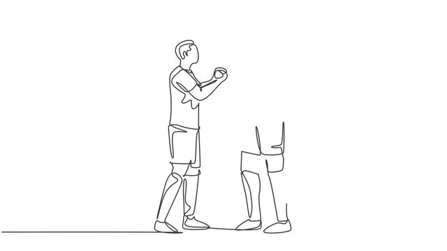 Animated self drawing of continuous line draw two football player bring a ball and handshaking to show sportsmanship before start the match. Respect in soccer concept. Full length one line animation.