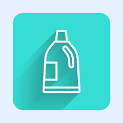 White line Plastic bottle for laundry detergent, bleach, dishwashing liquid or another cleaning agent icon isolated with long shadow background. Green square button. Vector