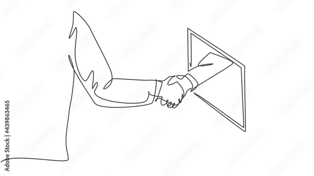 Poster animated self drawing of continuous line draw business men shaking hand. hand come out from computer