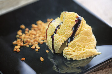 vanilla ice cream, chocolate coulis