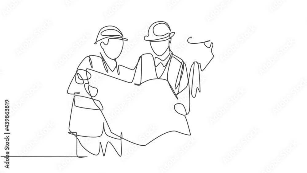 Aufkleber animation of one line drawing of builder and architect wearing vest looking for building design on b