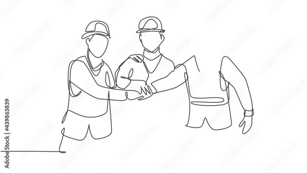 Aufkleber animation of one line drawing of builder and architect wearing construction vest handshake joining t