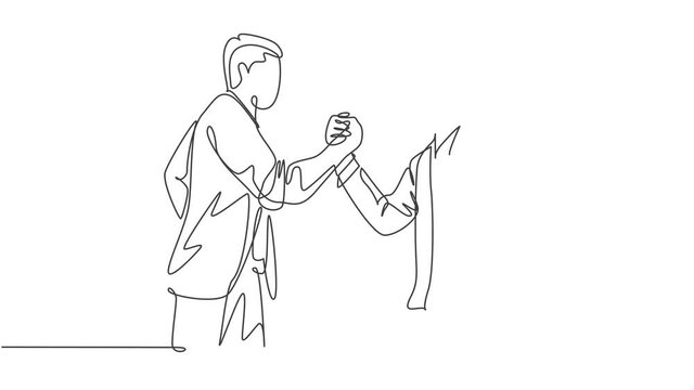 Animated self drawing of continuous line draw young business man handshake his colleague to deal a project. Business meeting concept. Full length single line animation illustration.