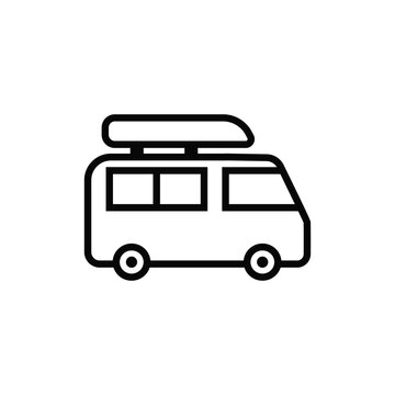 A van for traveling, camping. Trailer for tourism, family holidays. Vector icon. Black outline isolated on a white background