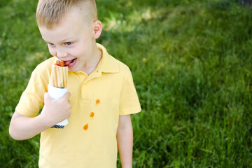 A boy bites a French hot-dog and stains his clothes. In the park. The concept of cleaning stains on clothes.