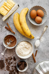 Ingredients for making banana bread. Sweet homemade dessert item, bakery themes