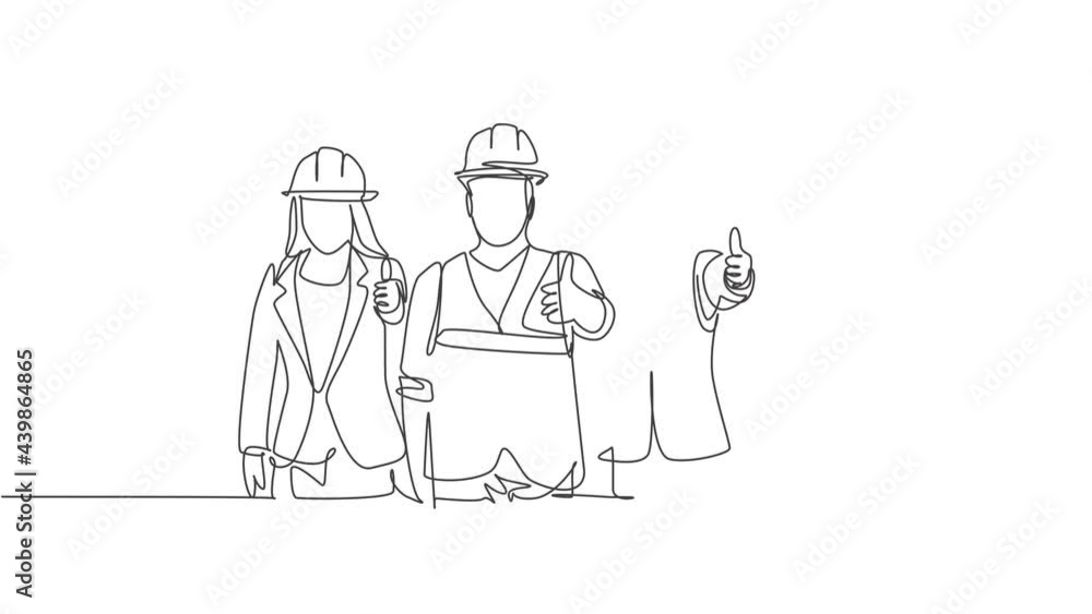 Sticker Animation of one line drawing of male and female building builder groups wearing helmet giving thumbs up gesture. Great team work concept. Continuous line self drawing animated. Full length motion.