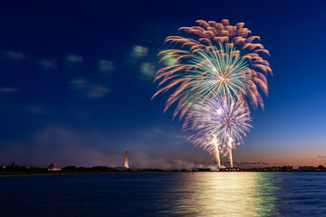 Fireworks display over Zachs Bay at Jones Beach State Park, celebrating essential workers and the...