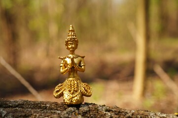 Photo of a meditating Buddha on a background of wildflowers.
